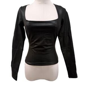 Naked Wardrobe Black Faux Leather Square Neck Long Sleeve Top Small Going Out